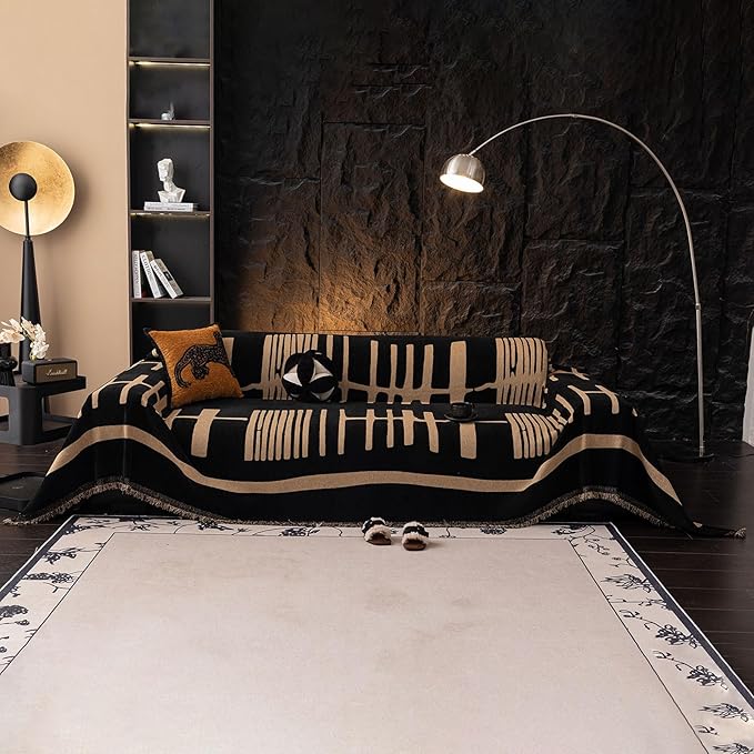 VClife Modern Couch Cover Washable Soft Couch Covers for 2 Cushion Couch Sofa, 1 PC Thick Soft Khaki Black Jacquard Sofa Cover for Sectional Couch (71"x118")