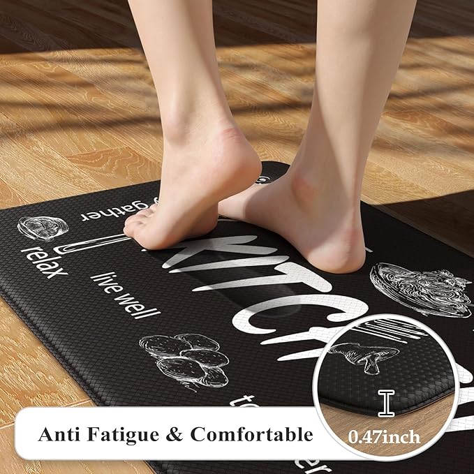 KIMODE Anti Fatigue Kitchen Mats, Farmhouse Kitchen Rugs Sets of 2,Non Slip Waterproof Kitchen Floor Mats,Ergonomic Cushioned Comfort Standing Mat for Home,Laundry,Office,Sink,Desk,Black