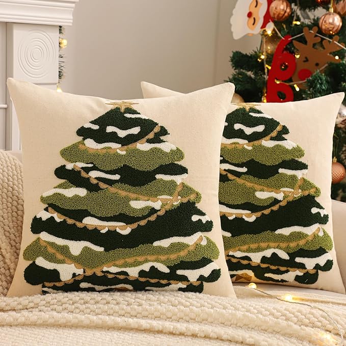 Tosleo Christmas Tufted Pillow Covers 18 x 18 inch Set of 2 Green Xmas Tree with Gold Star Throw Pillow Cover Party Decor Winter Holiday Embroidery Cushion Case for Sofa Couch Bed Living Room
