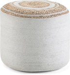 SIMPLIHOME Serena Round Braided Pouf - 18 inch Wide Upholstered Jute and Cotton Ottoman in Natural, Boho-Style Footstool or Extra Seating for Living Room with Polystyrene Bead Filling, Assembled
