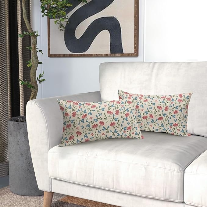Green Pink Blue Floral Pillow Covers 12x20 Set of 2 Vintage Rustic Old Style Cute Small Flower Print Rectangle Decorative Outdoor Pillowcases Farmhouse Throw Cushion Case Decor for Couch Sofa Bed