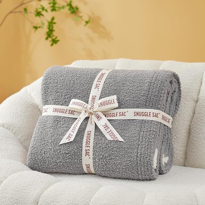 Snuggle Sac Grey Bedding Blankets Queen Size 90x90 inches, Reversible Microfiber Fluffy Fuzzy Soft Throw Cozy Knit Blanket for Women Mothers Birthday Gifts