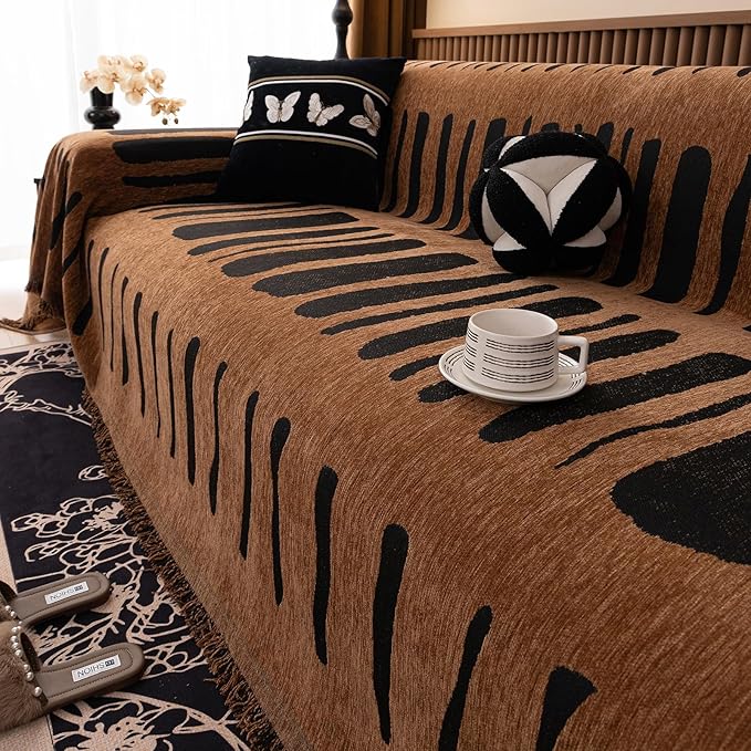 VClife Aztec Couch Cover for Sofa, Thick Plush Jacquard Couch Cover for Sectional Sofa, Breathable Washable Sofa Slipcover for Dog, Bohemian Moroccan White Pumpkin Slip Cover 71"X118"