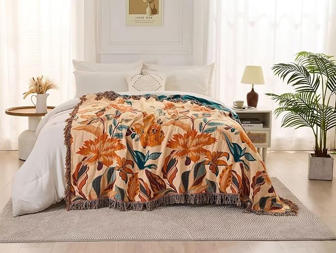 Boho Blanket for Bed 100% Cotton Bohemian Throw Blankets Ultra Soft Woven Muslin Decorative Blankets All Seasons Vintage Quilt Knitted Blanket for Sofa Chair(Orange, 60"x80")