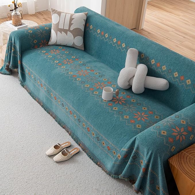 VClife Boho Couch Cover Green Geometric Jacquard Pattern Sofa Cover, 1 Piece Large Couch Covers for 3 Cushion Couch Sofa Washable Plush Chenille Sofa Protector for Living Room, 71x150 Inch