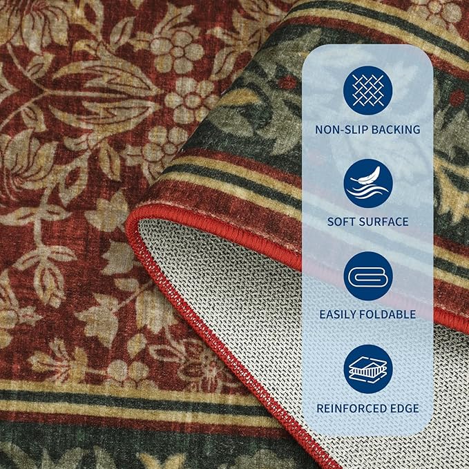 GarveeHome 5x7 Washable Area Rugs for Living Room, Boho Vintage Rug Non Slip Low Pile Stain Resistance Indoor Soft Large Throw Carpet for Bedroom Dining Room Office Red