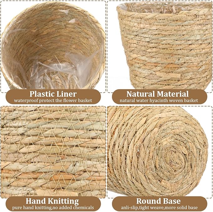 24 Pcs Seagrass Plant Basket with Plastic Liners Woven Stylish Planter Baskets Bulk Indoor Outdoor Plants Woven Wicker Baskets for Flower Pots Cover and Room Decor Small (Small,Rustic)