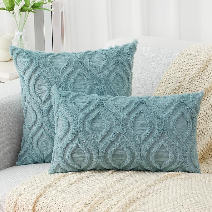 decorUhome Cozy Textured Throw Pillow Covers 16x16 Inch Set of 2, Soft Plush Faux Wool Aqua Accent Couch Pillow Covers for Modern Farmhouse Sofa Bed Living Room
