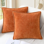 CaliTime Fall Throw Pillow Covers Decorative 24 X 24 Inches Pack of 2 Cotton Thread Stitching Edges Solid Dyed Soft Chenille Cushion Cases for Couch Sofa Bed Living Room Farmhouse Burnt Orange