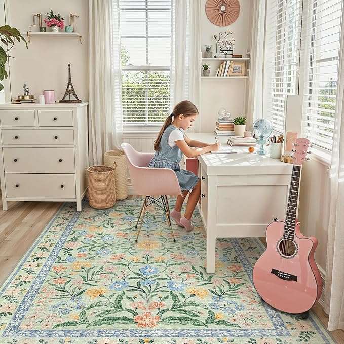Lahome Sylvie Boho Light Green Large Area Rugs for Bedroom 9x12, Floral Washable Rugs Living Room, Soft Non-Slip Thin Rug for Nursery Kids Playroom Tween Girls Home, Tea Green