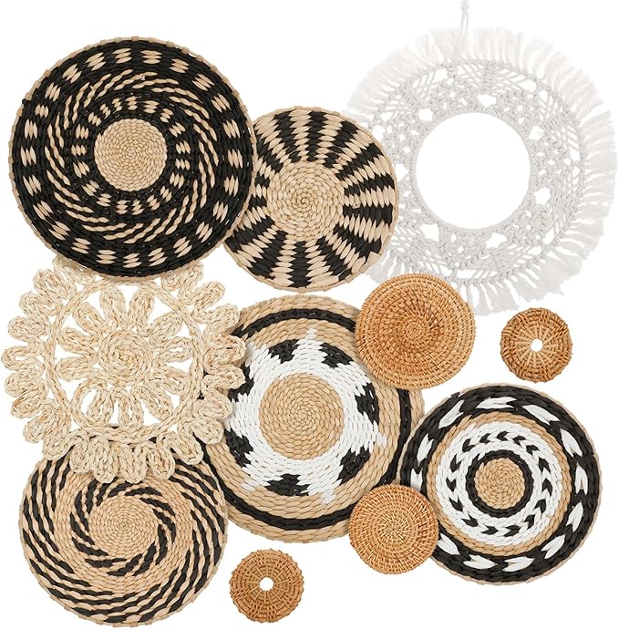 HJJWNDDNG 11 Pack Boho Wall Basket Decor Set, Hanging Woven Seagrass Rattan Wicker Boho Wall Decor, Round Farmhouse Wall Hanging Baskets Rustic Flat Wall Art for Living Room Bedroom Kitchen (Style 6)