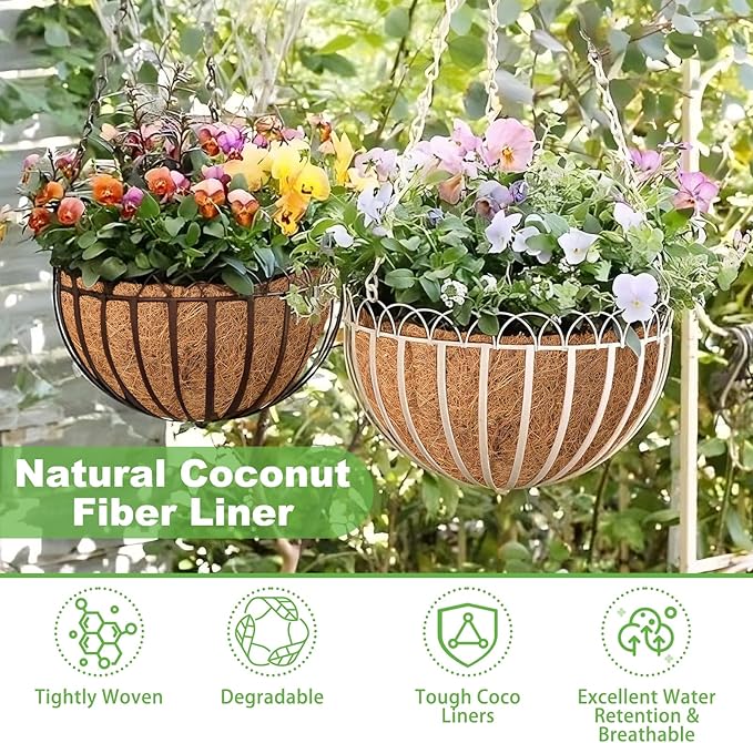 Riare 2 Pack 12 Inch Round Coco Liners Replacement, 100% Natural Coconut Coir Liners for Hanging Baskets, Garden Flower Vegetables Planter Pot, Window Box, Fence, Decks