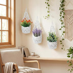 10 Pack Macrame Wall Plant Hanger with Artificial Pot Flower - Boho Wall Hanging Planter for Indoor Plant Cotton Rope Holder with Mini Fake Pot Flower for Home Wedding Decor Gift(White)