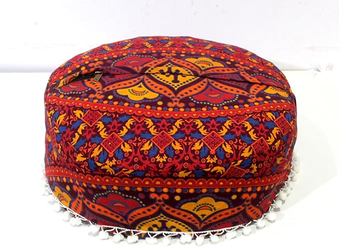 INDIAN CRAFT CASTLE ICC Floor Pillows & Cushion Covers Decorative Hippie Mandala Pouf Pillow Covers Seating Meditation Cushion Cover Large Boho Ottoman Case Pillowcase Couch New Orange, 16" Round