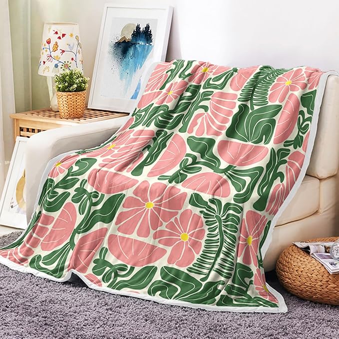Boho Abstract Colorful Floral Throw Blanket, Vintage Retro Patchwork Pink Green Flower Botanical Geometric Aesthetic Groovy Flannel Throw Blanket for Chair Bed Sofa Couch, 60X80IN