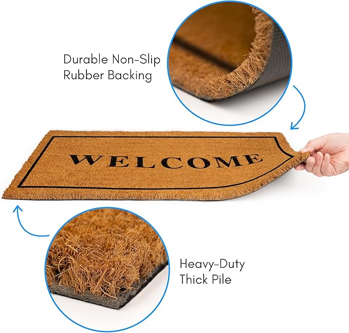 PLUS Haven Coco Coir Door Mat with Heavy Duty Backing, Welcome Doormat, 17.5”x30” Size, Easy to Clean Entry Mat, Beautiful Color and Sizing for Outdoor and Indoor uses, Home Décor