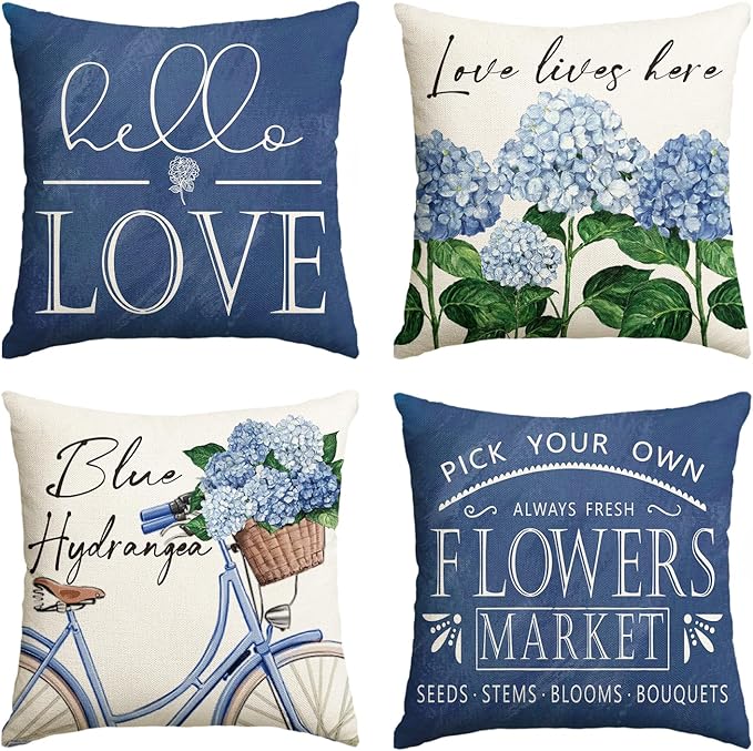 AVOIN colorlife Hello Love Blue Hydrangea Bicycle Throw Pillow Covers, 20 x 20 Inch Flowers Summer Spring Mother's Day Cushion Case for Sofa Couch Set of 4