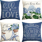 AVOIN colorlife Hello Love Blue Hydrangea Bicycle Throw Pillow Covers, 16 x 16 Inch Flowers Summer Spring Mother's Day Cushion Case for Sofa Couch Set of 4