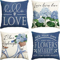 AVOIN colorlife Hello Love Blue Hydrangea Bicycle Throw Pillow Covers, 18 x 18 Inch Flowers Summer Spring Mother's Day Cushion Case for Sofa Couch Set of 4