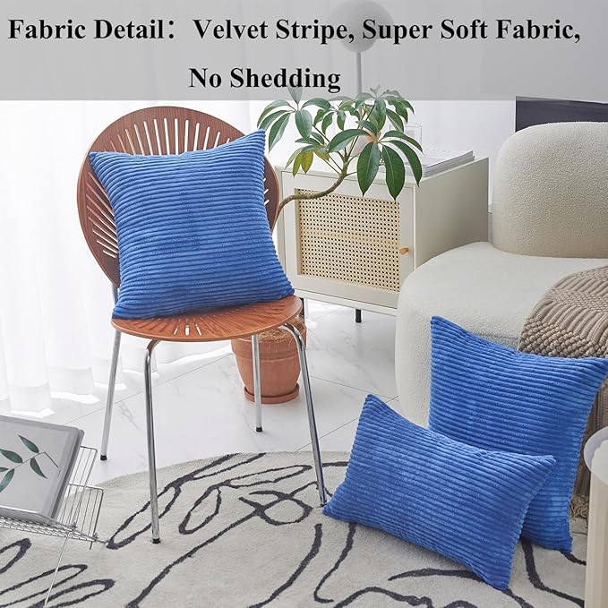 Home Brilliant Blue Decorative Pillows Large Throw Pillow Cover for Couch Bench 2 Packs Striped Velvet Floor Pillow Covers, 55x55cm, 22 x 22 Inch, Blue