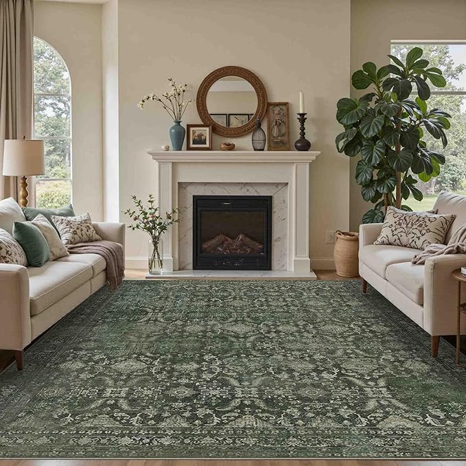 8x10 Area Rugs for Living Room Bedroom, Large Washable Rug, Green Vintage Floral Boho Rug, Non Slip & Low Pile Faux Wool Thin Carpet for Indoor Dining Room and Kids Room(Green 8x10ft)