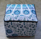 CRAFT KALA Indian Square Patchwork Traditional Pouf Cover Indian Living Room Poufs Decorative Designer Pom Pom Ottoman Cover Home Living Footstool Cover Ottoman Decor 22X22X14 inches, Sky Blue Mirchi