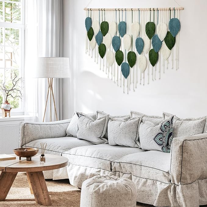 KHOYIME Macrame Wall Hanging Large Boho Home Decor, Bohemian Leaves Tapestry Modern Handmade Yarn Woven Feather Leaf Chic Wall Art Decorations for Bedroom Living Room Nursery Backdrop 51.5"W X 33.5"L