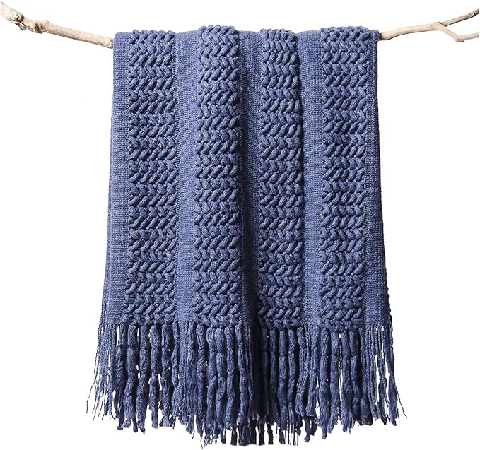 lifein Fall Throw Blanket for Couch - Soft Boho Knitted Farmhouse Bed Throws,Cozy Small Lightweight Blankets&Throws with Tassels for Autumn,Woman,Man,Home Decor,Bed,Chair,Sofa,Room,Gift(Blue,50*60")