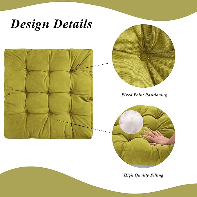 Meditation Floor Pillow 22×22 Inch 2 Pack Large Floor Cushions for Adults Square Tufted Corduroy Floor Pillows for Yoga Living Tatami Room Green