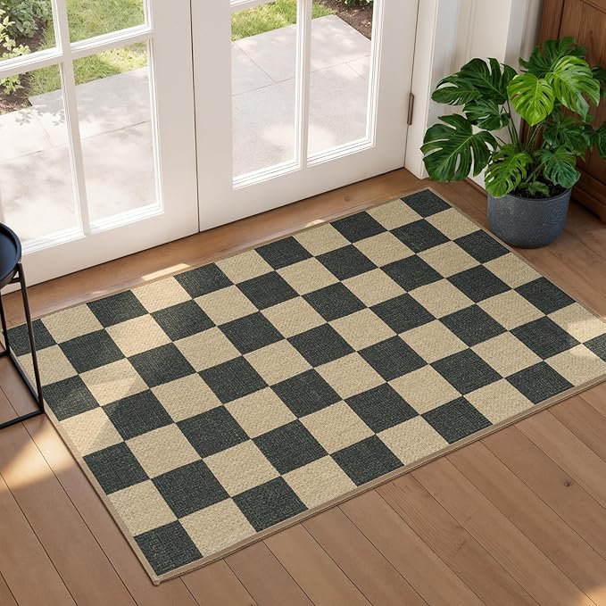 Lessymo Checkered Easy Jute Kitchen Rug, 2x3 Small Washable Rug Non Slip Front Door Mat, Geometric Area Rug Non Shed Outdoor Carpet for Porch Entryway Bathroom, Diamond Black/Beige