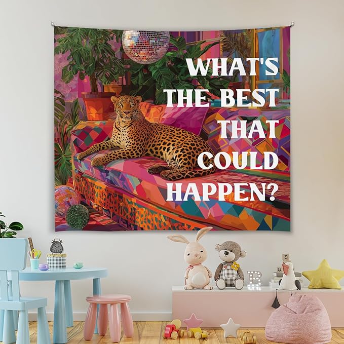 Vintage Wall Tapestry-What’s the Best That Could HappenPreppy Leopard Tapestry, Soft Flannel Wall Hanging Decor for Teen Girls Room,Inspirational Banner for Bedroom Dorm Decoration 59x51Inch(Colorful-Leopard)