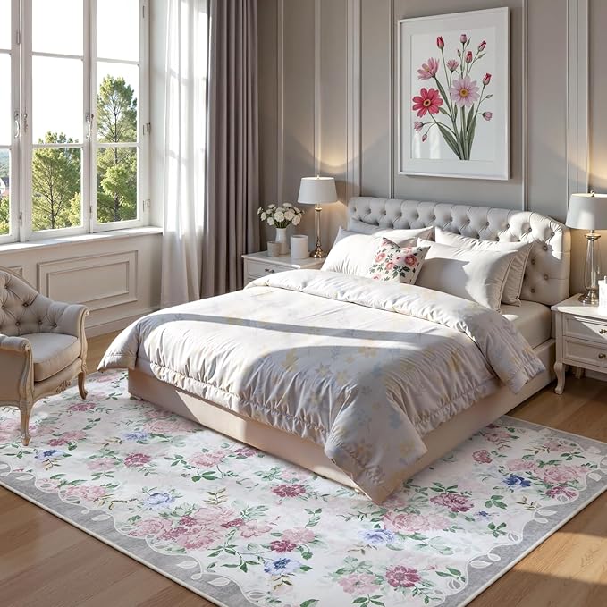 Lahome Purple Floral 5x7 Area Rugs, Boho Rugs for Bedroom Girls,Vintage Living Room Rug Non Slip Low Pile Ultra-Thin Large Carpet for Farmhouse,Dining Room,Kids,Nursery Nina(5'X7',Purple/Grey)