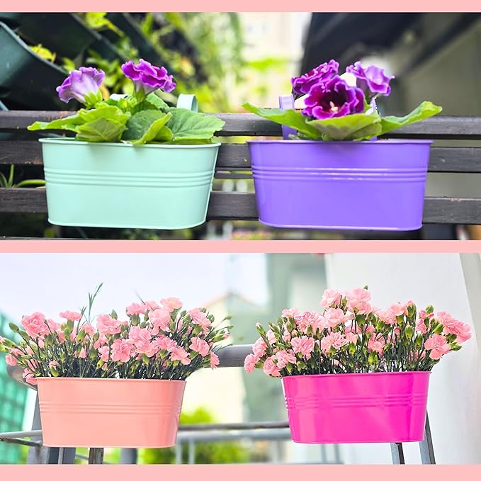 LaLaGreen Outdoor Hanging Planter (11.2 Inch, 6 Pack) Light Blue, Green, Neon Pink, Dark Blue, Orange, Peachy Pink Metal Iron Window Box Flower Pot Deck Railings Fence Rails Buckets Porch Garden Decor