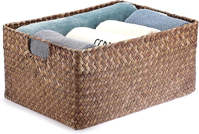 Hipiwe Seagrass Storage Baskets Bin for Shelf Handwoven Wicker Baskets Built-in Handles Rectangular Closet Bedroom Organizer Box Multipurpose Storage Basket Organizer,16.1"L x11.8"W x7.7"H