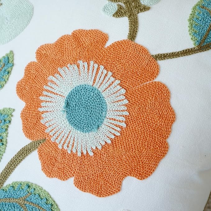 vctops Floral Embroidered Pillow Covers 18x18 Inch Spring Summer Cotton Tufted Throw Pillow Cover Outdoor Garden Cushion Case for Sofa, Bed, Living Room (Flower G,18"x18")