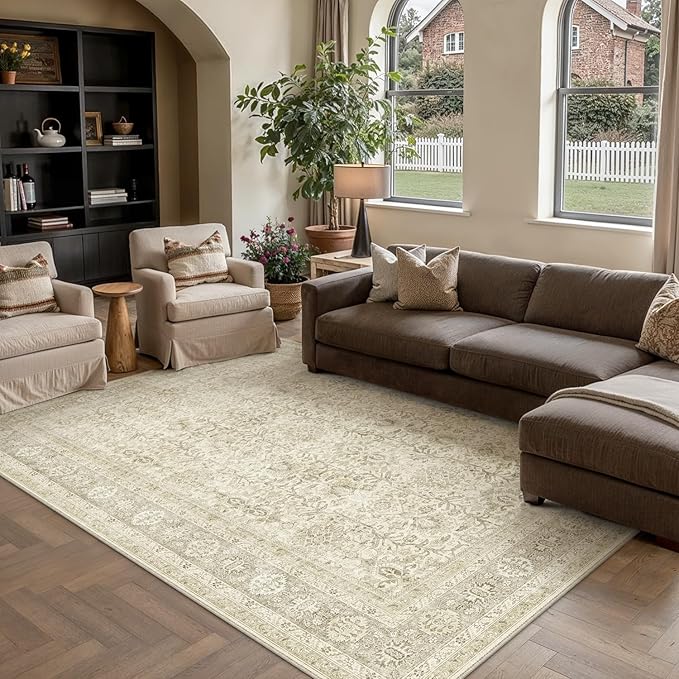 Vintage Area Rug 5x7 Beige Washable Living Room Large Carpet Non Slip Bedroom Indoor Office Low Pile Traditional Distressed Retro Accent Rug for Dining Room Bathroom Kitchen