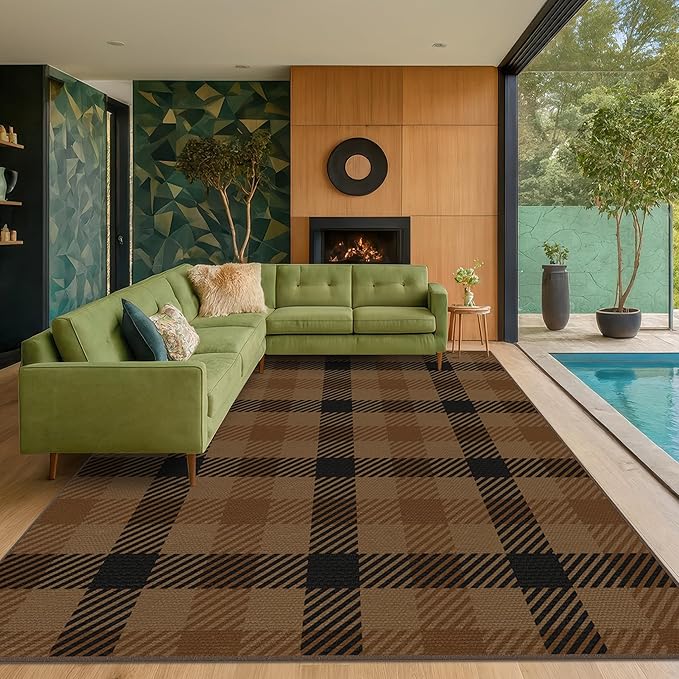 JTJ Brown Large Checkered Area Rug for Living Room - Washable 8x10 Easy Jute Plaid Rug for Dining Room Under Table, Black Striped Outdoor Porch Mat, Non Slip Foldable Neutral Earthy Rustic Décor