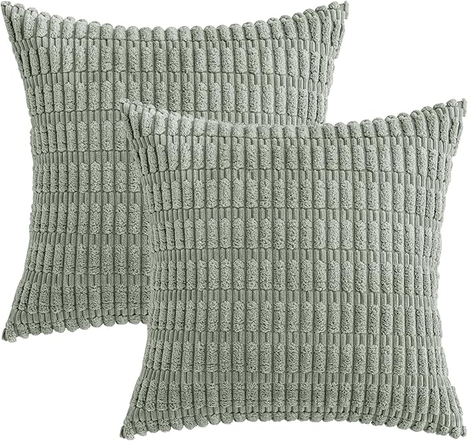 MIULEE Pack of 2 Spring Corduroy Decorative Throw Pillow Covers 20x20 Inch Soft Boho Striped Pillow Covers Modern Farmhouse Home Decor for Summer Sofa Living Room Couch Bed Greyish Green