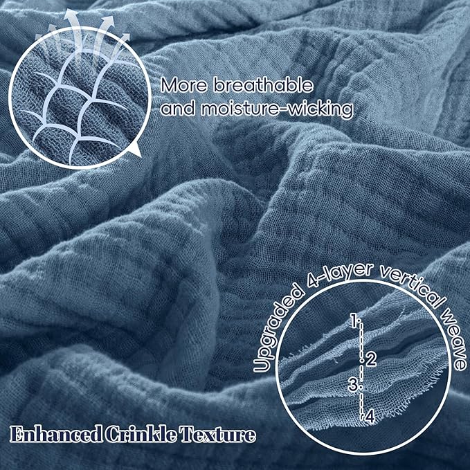 PHF 100% Cotton Muslin Throw XL Blanket Large 50" x 70", 4-Layer Lightweight Gauze Throw, Breathable Cloud-Soft Minimalist Blanket for Bed, Couch, Camping & Baby, Denim Blue, Ideal Gift