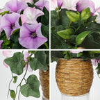 Briful Artificial Flower Arrangements for Tables Fake Potted Morning Glory Silk Flowers with Rattan Basket Faux Floral Centerpiece for Home Office Bedroom Wedding Party Decor(White Purple)