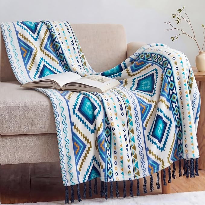 CASAAGUSTO Boho Throw Blanket - Blue and White Decorative Blankets with Tassel, Printed Flannel Bohemian Blanket for Chair, Bed, Sofa, Couch(50 * 60, Blue and White)