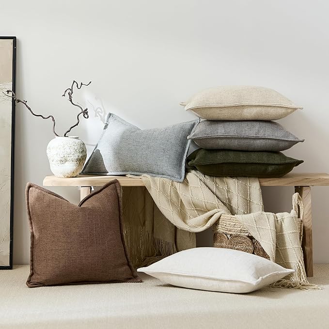 18x18 Linen Pillow Covers Brown Pack of 2 Farmhouse Boho Neutral Accents Striped Textured Square Decorative Throw Pillow Cases for Living Room Couch Bed Home Decor