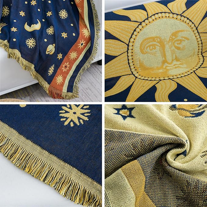 Hippie Throw Blanket Sun Moon Stars Boho Throw Blankets Celestial Tapestry Double-Sided Reversible Woven Cotton Home Decor Bedding Chair Couch Recliner Cover Oversized Tassels Astrology 70"x90"