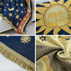 Hippie Throw Blanket Sun Moon Stars Boho Throw Blankets Celestial Tapestry Double-Sided Reversible Woven Cotton Home Decor Bedding Chair Couch Recliner Cover Oversized Tassels Astrology 70"x90"