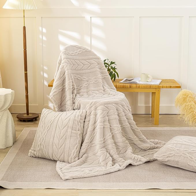 YUSOKI Sherpa Large Throw Blanket Single Layer,Light Weight(1.7lb),370GMS-3D Stylish Design for Gift Home Decor (Linen,50"x65")