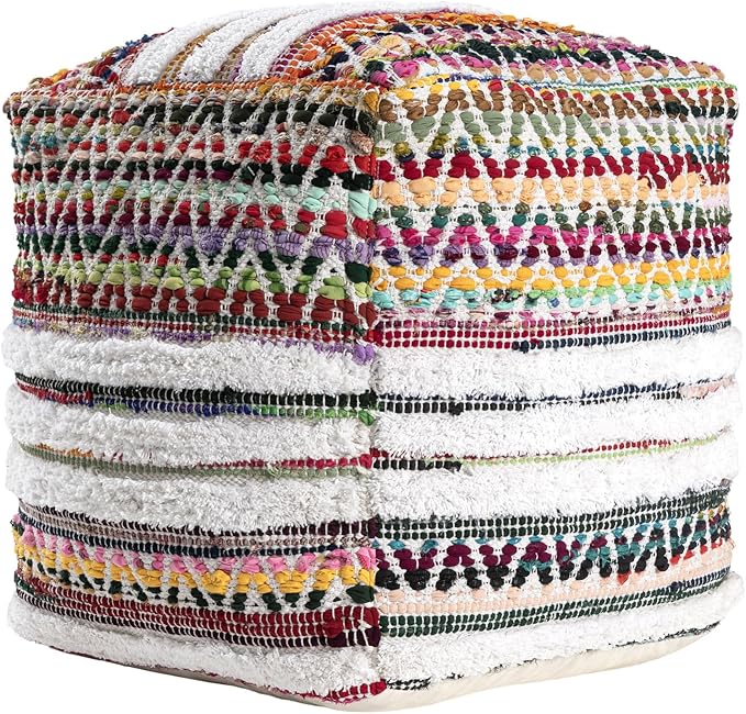 L. R. Resources, Inc. LR Home Multi/White Bohemian Chevron Hand-Made Cotton Blend Ottoman Pouf for Home Decor | Foot Rest for Bedroom & Living Room Decor | 18 x 18 x 18 Stuffed Ottoman for Seating