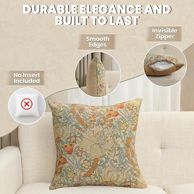 Charlotte Home Furnishings Throw Pillow Covers Decorative Boho Pillow Cover for Couch Living Room Golden Lily Light Square Cushion Cases 18x18 in European Cotton Jacquard Woven Cozy Bedroom Decor