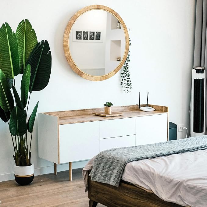 Rattan Bathroom Mirror, Rattan Mirrors for Wall, 28inch Round Mirror Boho Frame for Bathroom Farmhouse Bedroom Checkroom Livingroom Decor