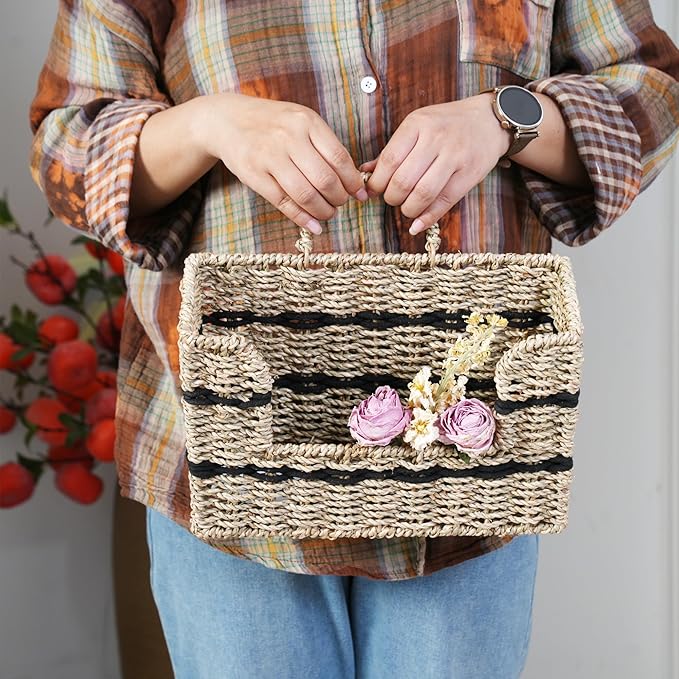 Handmade Seagrass Woven Hanging Basket with Black Cotton Rope - 11.81 x 4.33 x 7.87 Inches - Ideal for Wall Decor & Storage (Rectangular opening)