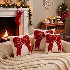 Tosleo Christmas Tufted Pillow Covers 18 x 18 inch Set of 2 Xmas Red Bow Throw Pillow Cover Party Decor Winter Holiday Embroidery Cushion Case for Sofa Couch Bed Living Room